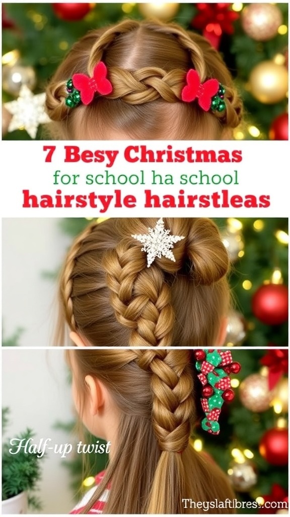 Collage of Christmas hairstyles for school: braided crown, twisted ponytail, half-up twist.